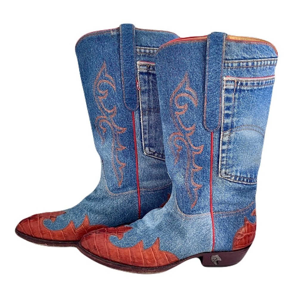 Tres Outlaws Falconhead Denim Levi’s Cowboy Boots with Crocodile Trim, Size 10